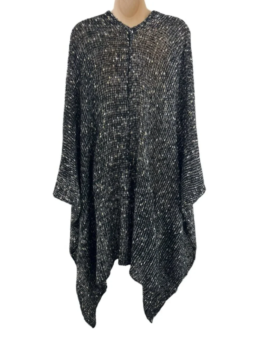 Avenue Black Gold Silver Metallic Ruana Wrap One Size Knit Shawl Sweater Plus Sz